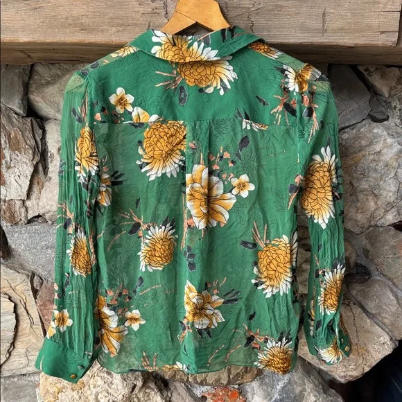 Alice + Olivia Eloise Green Floral Silk Burnout Roll Cuff Blouse Women’s Small - Picture 8 of 14